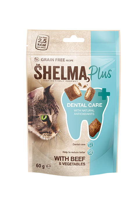 Bezobilné polštářky pro kočky s hovězím a zeleninou, pro podporu dentální péče a snížení tvorby zubního kamene.