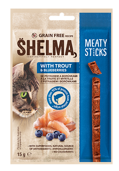 Grain Free Meaty sticks snack for cats with trout and blueberries