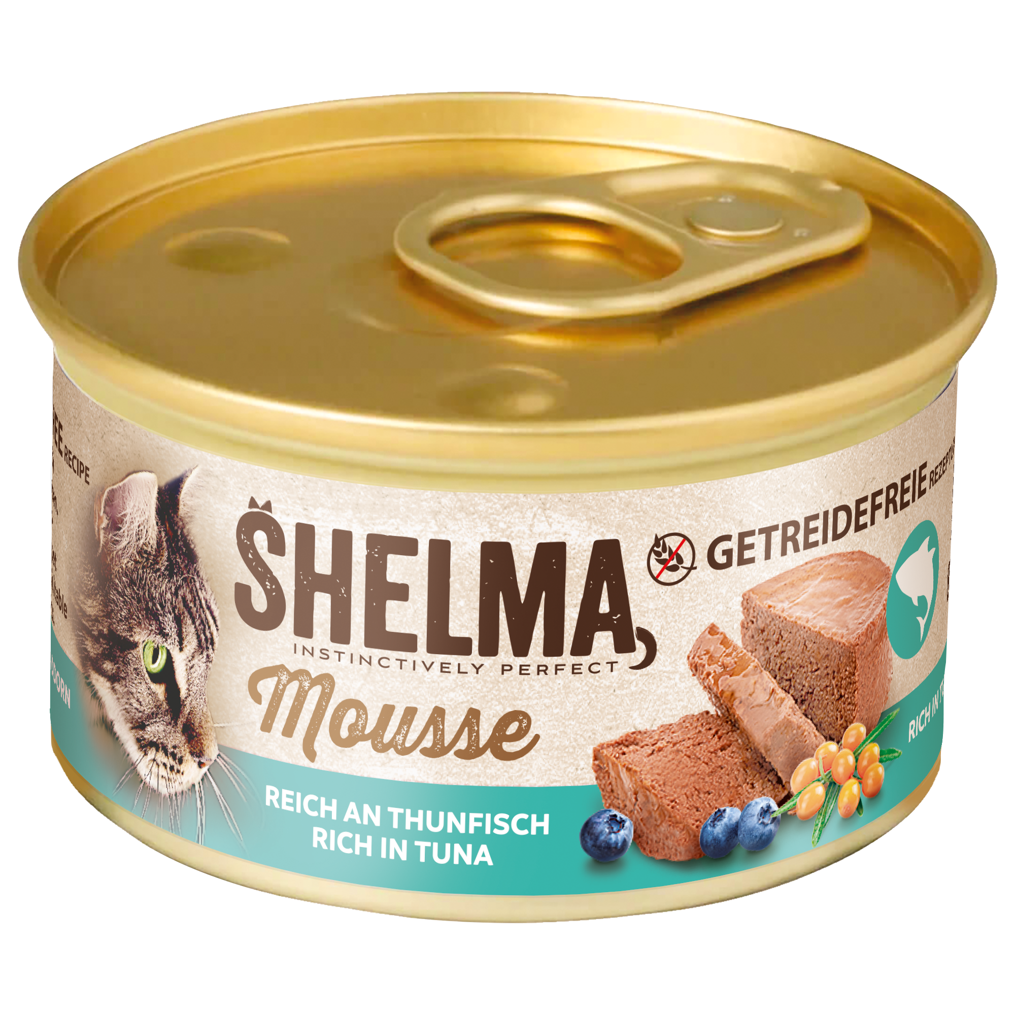 Mousse for cats rich in tuna with blueberry and buckthorn