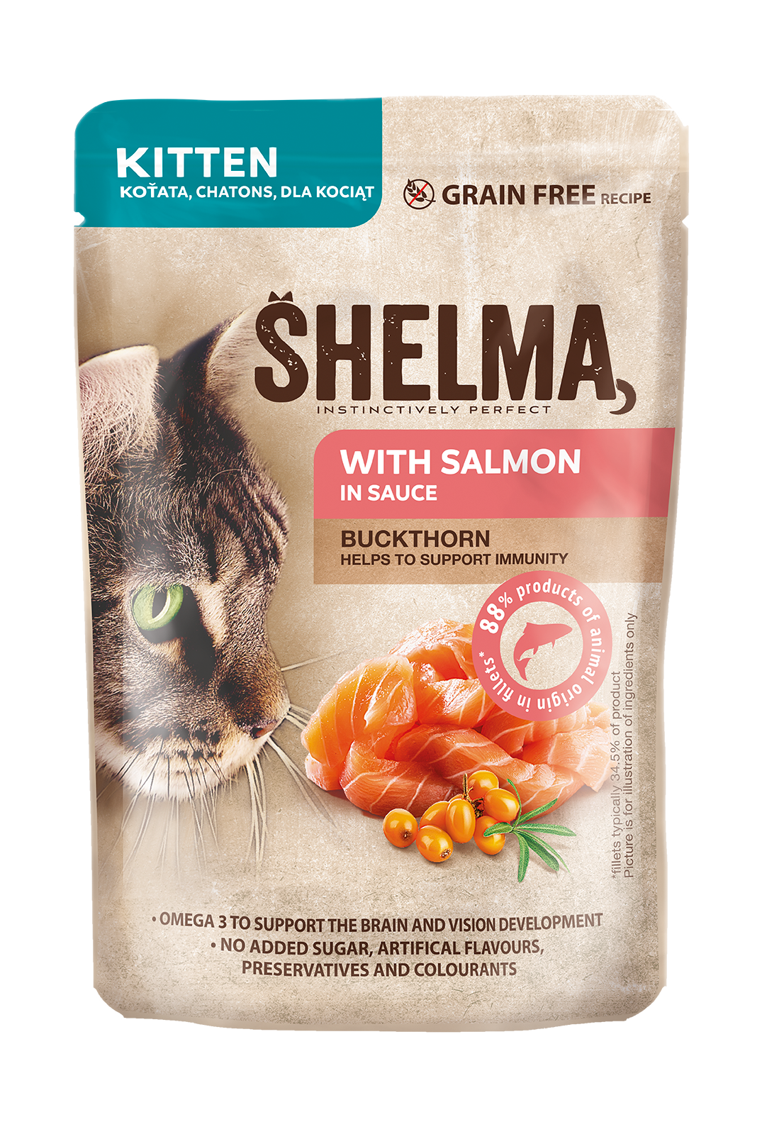 Shelma gotowane na parze fileciki dla kociąt. Z łososiem i rokitnikiem w sosie